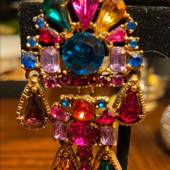 THELMA DEUTSCH EARRINGS: Multi colored teardrop colored stone Dangle in old gold - Picture 5 of 5